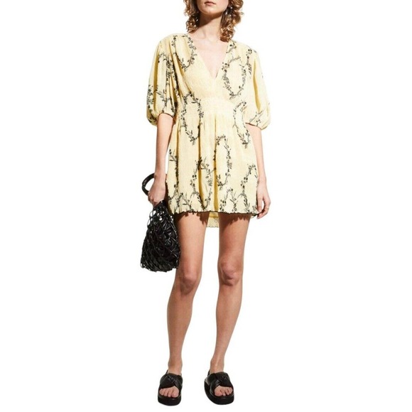 Ganni Womens Floral Print Pleated Georgette Mini Dress Pale Yellow Black Smocked - Picture 2 of 16